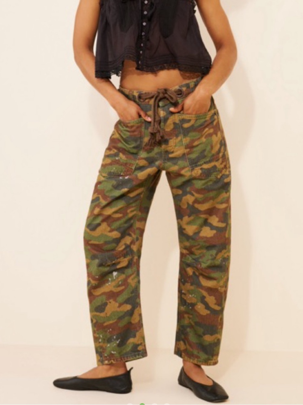 Free People low slung camo barrel jeans